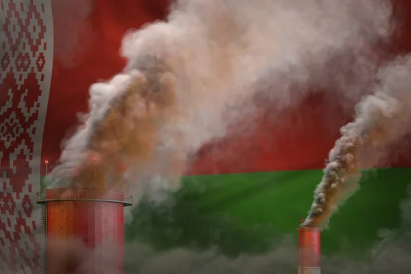 Concepto de calentamiento global - humo denso de chimeneas industriales en el fondo de la bandera de Bielorrusia con espacio para su logotipo - ilustración industrial 3D — Foto de Stock
