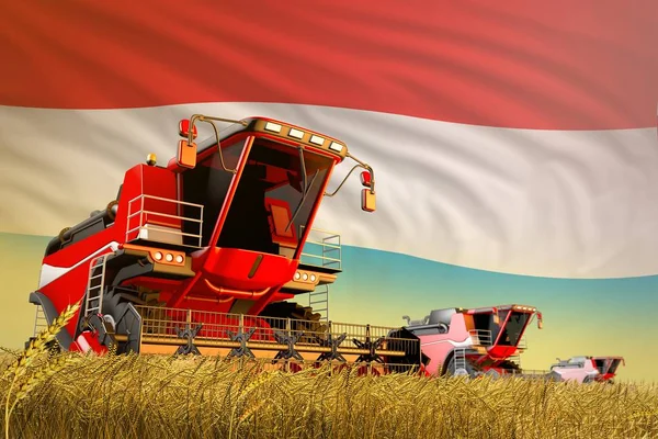 Industrial 3D illustration of agricultural combine harvester working on rye field with Luxembourg flag background, food production concept — Stock Photo, Image