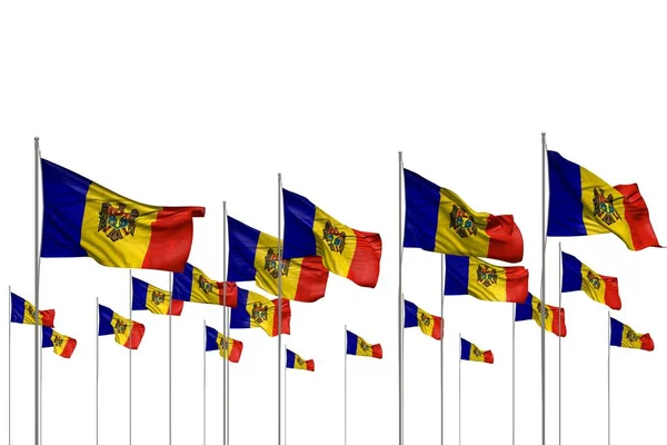 Bonito muitas bandeiras da Moldávia em uma fileira isolada no branco com espaço vazio para o conteúdo qualquer bandeira de férias ilustração 3d — Fotografia de Stock