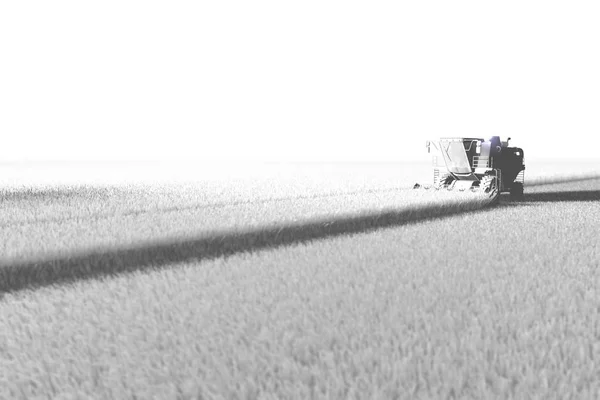 Bílá vykresluje v Aero fotografický styl velkého žitného zemědělství sklízecí komr pracující na poli pro použití jako šablona nebo pozadí, průmyslový 3D ilustrace — Stock fotografie