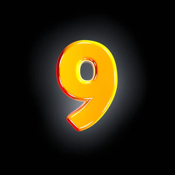 Jasny błyszczący żółty alfabet-numer 9 na czarnym tle, ilustracja 3D symboli — Zdjęcie stockowe