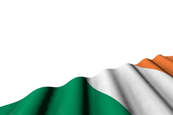 美妙的爱尔兰光泽的旗帜与大褶皱躺在右下角隔离在白色 - 任何庆祝旗3d插图 — 图库照片
