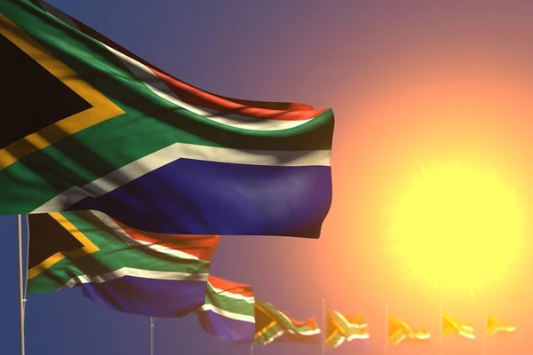 Bonito muitas bandeiras da África do Sul no pôr do sol colocado diagonal com foco suave e espaço para o seu conteúdo qualquer ocasião bandeira ilustração 3d — Fotografia de Stock