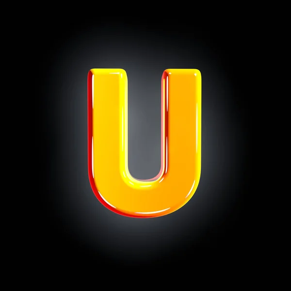 밝은 광택 노란색 글꼴 - 문자 U 검은 배경에 고립, 기호의 3D 그림 — 스톡 사진