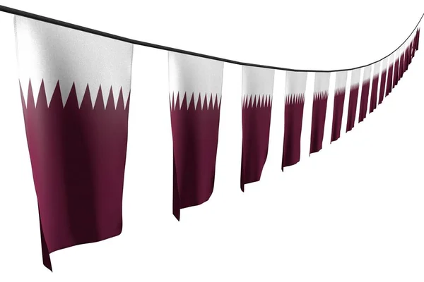 Csodálatos sok Katar zászlók vagy zászlók lógó átlós perspektivikus nézetet a kötél izolált fehér-minden ünnep zászló 3D illusztráció — Stock Fotó