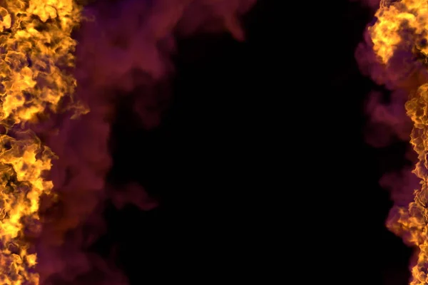 Ogień 3D ilustracja mistyczne świecące ogień rama izolowane na czarnym tle z gęsty dym-Góra i dół są puste, linie ognia z boku lewej i prawej — Zdjęcie stockowe
