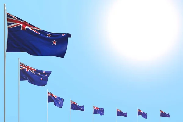 漂亮的许多新西兰国旗放置在蓝天对角线上，为您的内容的地方 - 任何盛宴旗3D插图 — 图库照片