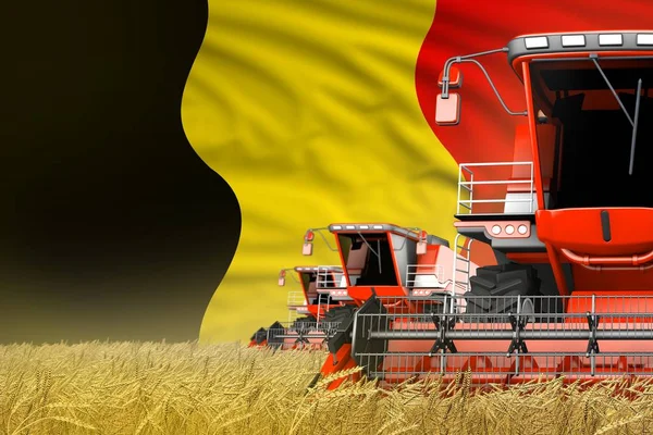 Industriële 3D-illustratie van drie rode moderne combineren oogstmachines met België vlag op de boerderij veld-close View, landbouw concept — Stockfoto