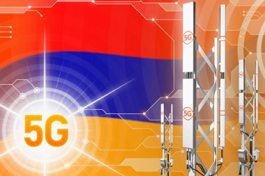 Ermenistan 5g endüstriyel illüstrasyon, bayrak ile yüksek teknoloji arka plan üzerinde büyük hücresel ağ direği veya kule - 3d İllüstrasyon