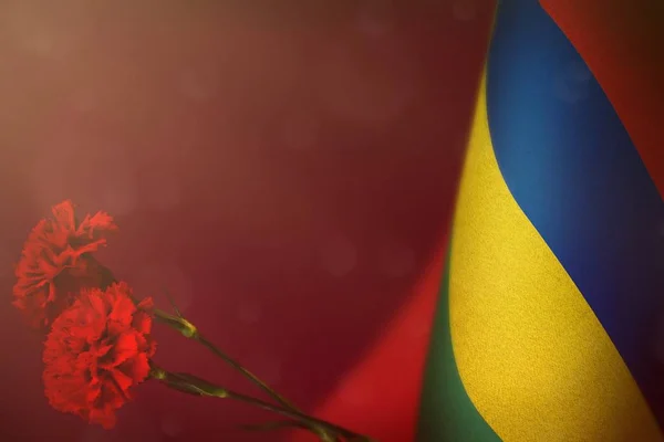 두 개의 빨간 카네이션 꽃 모형과 재향 군인 또는 기념일의 명예모리셔스 플래그. 붉은 어두운 벨벳에 전쟁 개념의 모리셔스 영웅에 영광. — 스톡 사진