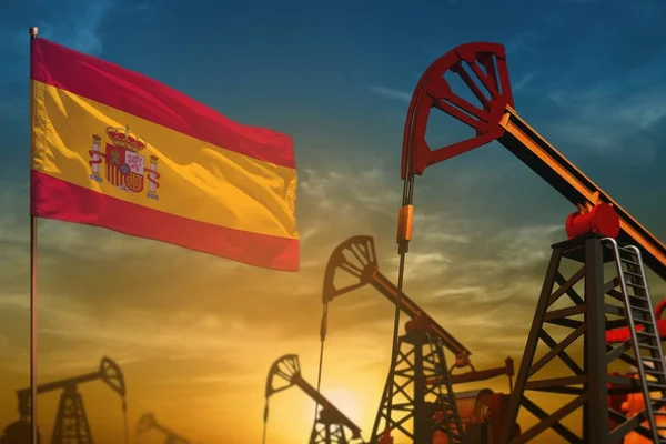 Spagna concetto di industria petrolifera. Illustrazione industriale - Bandiera spagnola e pozzi petroliferi sullo sfondo blu e giallo del cielo al tramonto - Illustrazione 3D — Foto Stock