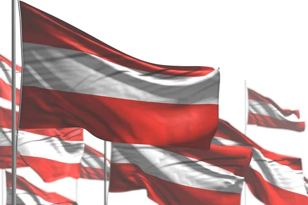 Nice many Austria flags are wave isolated on white - illustration with soft focus - any occasion flag 3d illustration — Stock Photo, Image