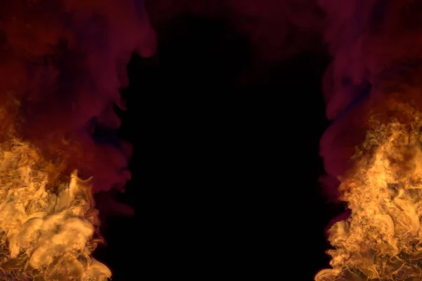 Fantasy égő pokol a fekete, keret sötét füst-tüzet a bal és jobb sarkok-tűz 3D illusztráció — Stock Fotó
