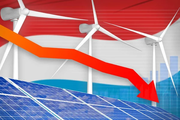 Luxembourg solar and wind energy lowering chart, arrow down - alternative natural energy industrial illustration. 3D Illustration