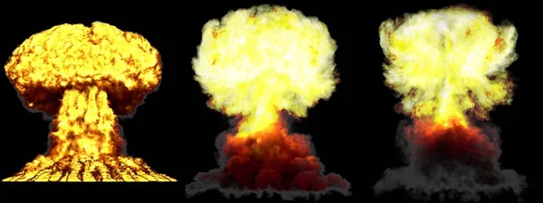 Illustration 3D de l'explosion - 3 énormes phases très détaillées différentes champignon explosion nuage de super bombe avec fumée et le feu isolé sur noir — Photo