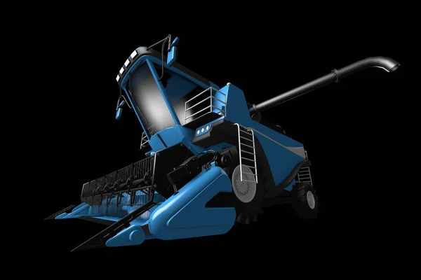 Industrielle 3D-Illustration eines großen gerenderten blauen Getreidevollernters mit Ernte-Rohr abgetrennte Frontansicht isoliert auf schwarz — Stockfoto