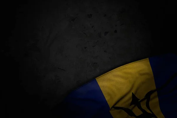 Mooie donkere foto van Barbados vlag met grote plooien op zwarte steen met lege plaats voor tekst-elke viering vlag 3D illustratie — Stockfoto