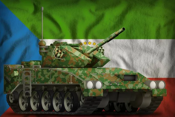 Apc tanque ligero con camuflaje de verano en el fondo de la bandera nacional de Guinea Ecuatorial. Ilustración 3d — Foto de Stock