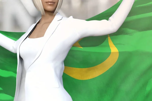 Jeune femme d'affaires tient drapeau mauritanien dans les mains derrière son dos sur le fond de l'immeuble de bureaux - illustration 3D concept drapeau — Photo