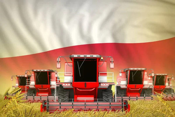 Industriële 3D illustratie van veel rode landbouw combineren oogstmachines op tarwe veld met Polen vlag achtergrond-vooraanzicht, stop hongerende concept — Stockfoto