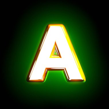 Parlayan yeşil harf Siyah arka plan üzerinde izole beyaz ve sarı renklerin parlayan yazı tipi - sembollerin 3d illüstrasyon