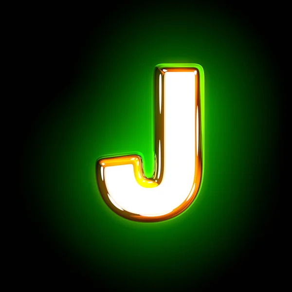 Сяючий жовтий і білий дизайн, що світиться зеленою абеткою - літера J ізольована на чорному кольорі, 3D ілюстрація символів — стокове фото