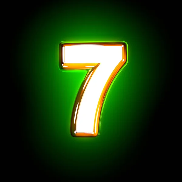 Brillante diseño amarillo y blanco brillante alfabeto verde - número 7 aislado en color negro, ilustración 3D de símbolos —  Fotos de Stock