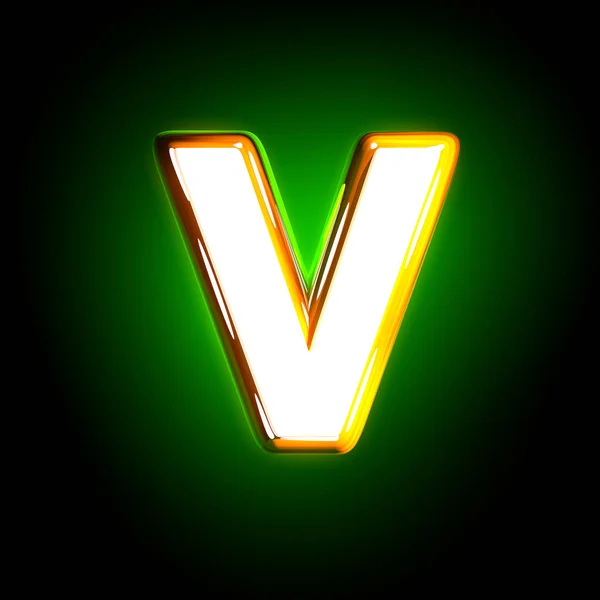 Polerad gul och vit Creative Glow grönt alfabet-brev V isolerad på svart färg, 3D illustration av symboler — Stockfoto