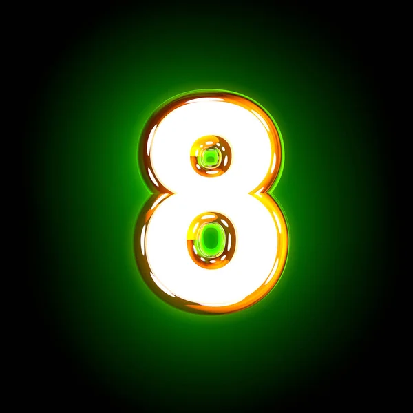 Glanzend geel en wit ontwerp gloeiende groene alfabet-nummer 8 geïsoleerd op zwarte kleur, 3D-illustratie van symbolen — Stockfoto