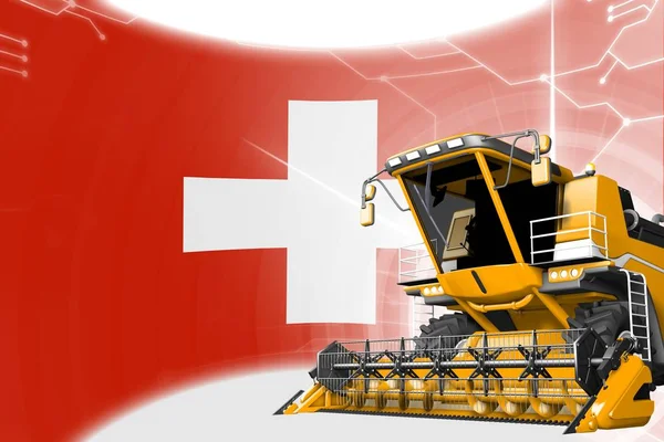 Agriculture innovation concept, yellow advanced rye combine harvester on Switzerland flag - digital industrial 3D illustration