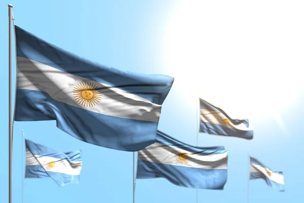 Bellissime 5 bandiere argentine sventolano contro il cielo blu foto con bokeh - qualsiasi bandiera celebrazione illustrazione 3d — Foto Stock