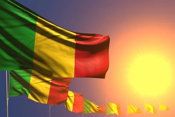 Wspaniałe wiele flag Mali na zachód słońca umieszczone przekątnej z bokeh i miejsce na tekst-wszelkie święto flaga 3D ilustracji — Zdjęcie stockowe