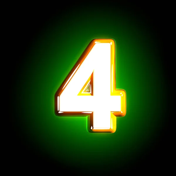 Glowing green number 4 of glossy font of white and yellow colors isolated on black background - 3D illustration of symbols — Stock Photo, Image