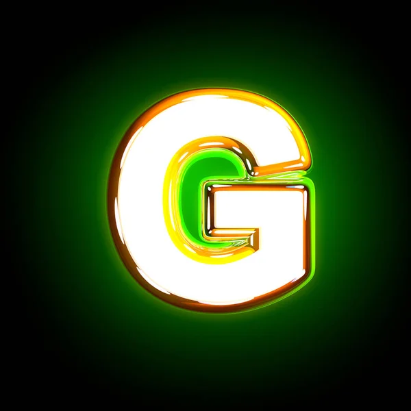 Brillante amarillo y blanco creativo brillo alfabeto verde - letra G aislado en color negro, 3D ilustración de símbolos —  Fotos de Stock