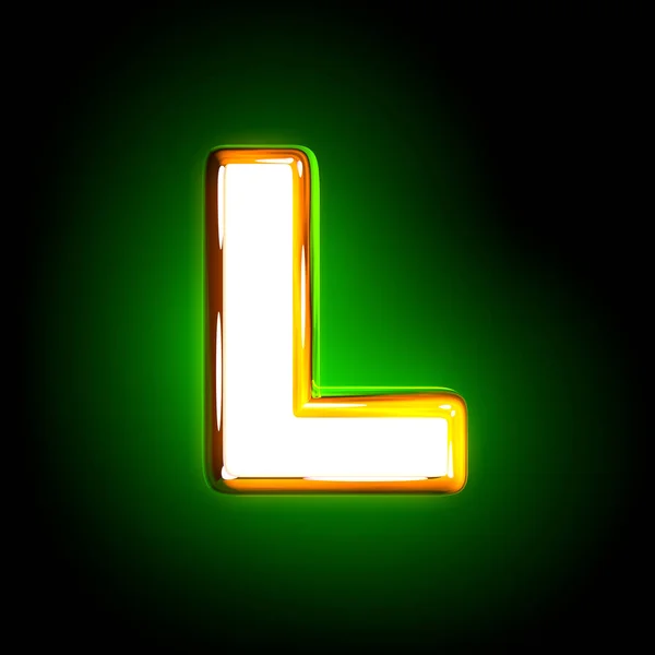 Glowing green letter L of shining alphabet of white and yellow colours isolated on black background - 3D illustration of symbols — Stok Foto