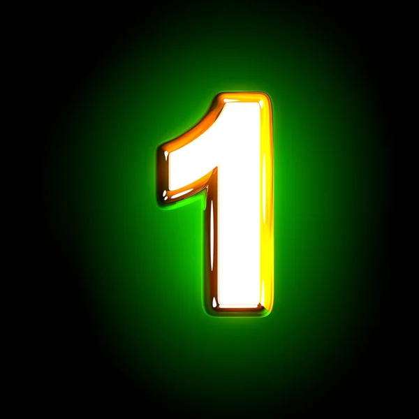 Desenho amarelo e branco brilhante brilhante alfabeto verde - número 1 isolado na cor preta, ilustração 3D de símbolos — Fotografia de Stock