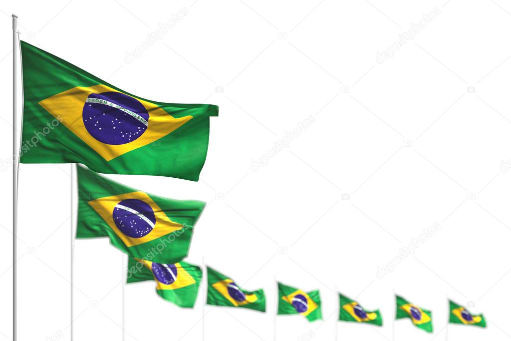 beautiful Brazil isolated flags placed diagonal, picture with bokeh and place for content - any occasion flag 3d illustration
