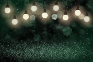 teal, deniz yeşili güzel parlak glitter ışıkları ampuller ve düşen kar gevreği sinek ile bokeh soyut arka plan defocused, içerik için boş alan ile tatil mockup doku
