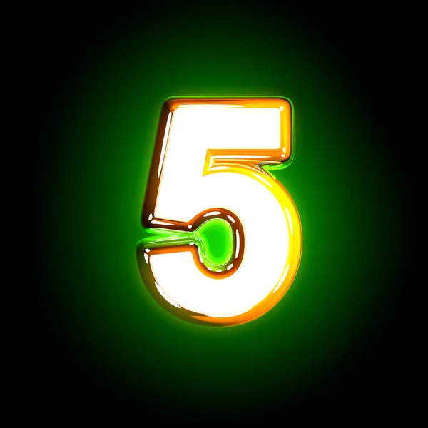 抛光黄色和白色创意闪亮绿色字体 - 数字 5 隔离在黑色，符号的 3d 插图 — 图库照片