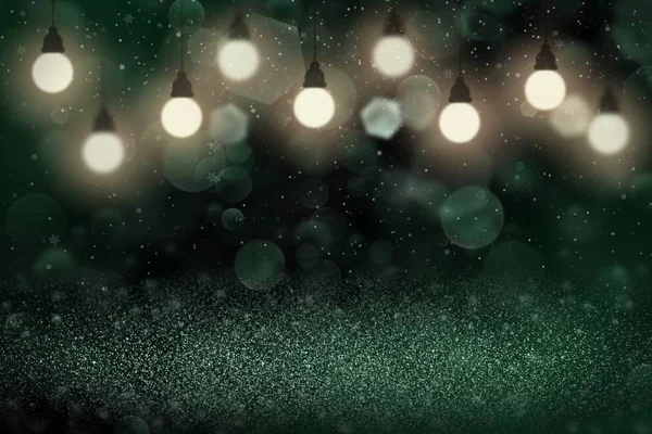 Teal, mar-verde belas luzes brilhantes brilho desfocado bokeh fundo abstrato com lâmpadas e queda de flocos de neve voar, textura mockup feriado com espaço em branco para o seu conteúdo — Fotografia de Stock