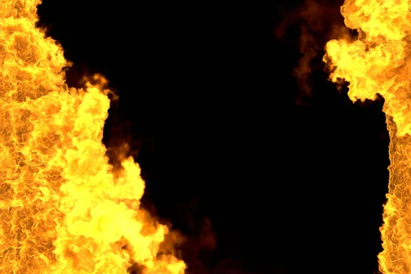 Mystisch schmelzender Feuerrahmen isoliert auf schwarz - Feuerlinien von den Seiten links und rechts, oben und unten sind leer - Feuer 3D Illustration — Stockfoto