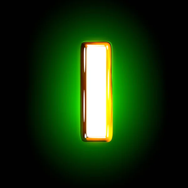 Glowing green letter I of shine alphabet of white and yellow colors isolated on black background - 3D illustration of symbols