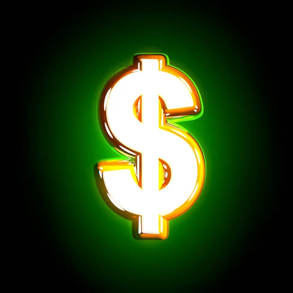 Glowing green dollar - peso sign of shine font of white and yellow colors isolated on black background - 3D illustration of symbols — Stock Photo, Image