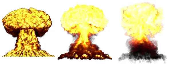 3D ілюстрація вибуху 3 величезні дуже деталізовані різні фази грибної хмари вибух супербомби з димом і вогнем ізольовані на білому — стокове фото