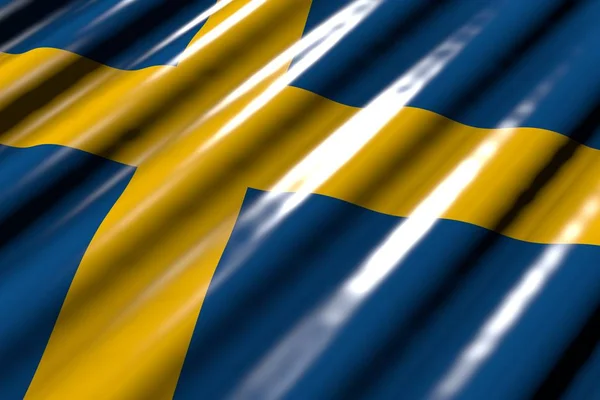 Wspaniałe błyszczące wyglądające jak plastikowa flaga Szwecji z dużymi fałdami leżą po przekątnej-dowolna okazja flaga 3D ilustracji — Zdjęcie stockowe
