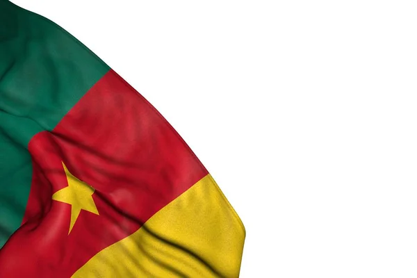 Szép kameruni zászló nagy redők hazugság a bal alsó sarokban izolált fehér-minden alkalomra zászló 3D illusztráció — Stock Fotó