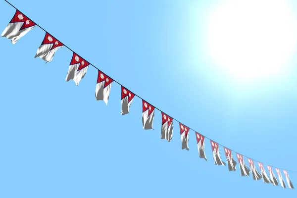 Bastantes banderas de Nepal o pancartas cuelga diagonal en la cadena en el fondo del cielo azul con enfoque selectivo - cualquier bandera de fiesta 3d ilustración — Foto de Stock