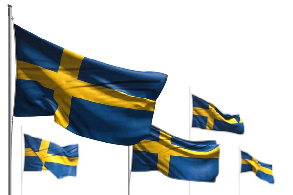 nice five flags of Sweden are waving isolated on white - image with selective focus - any celebration flag 3d illustration