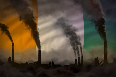 Koyu kirlilik, iklim değişikliği kavramına karşı mücadele - Cote d Fildişi Sahili bayrak arka plan sanayi bacaları yoğun duman endüstriyel 3d illüstrasyon