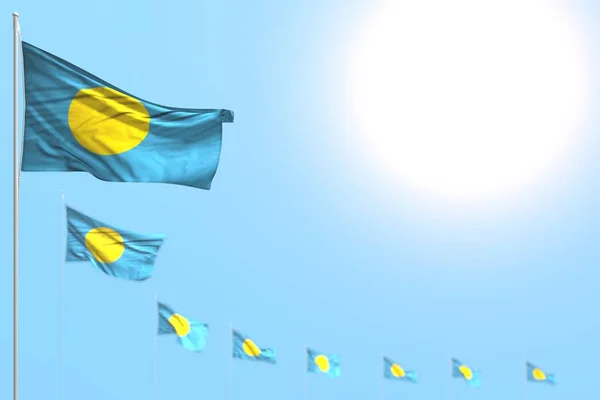 Nice many Palau flags placed diagonal with selective focus and free space for your content - any occasion flag 3d illustration — Stock Photo, Image